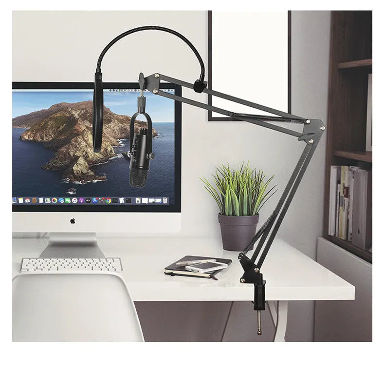 JIY BM-86PRO black condenser microphone with USB cable, sponge cover, and metal base for recording