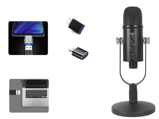 JIY BM-86PRO black condenser microphone with USB cable, sponge cover, and metal base for recording