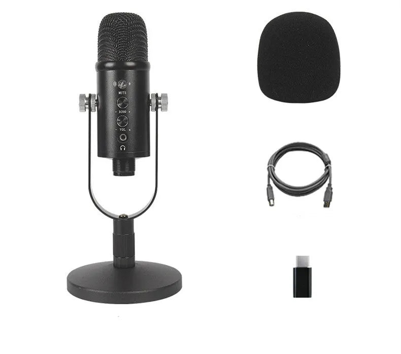 JIY BM-86PRO black condenser microphone with USB cable, sponge cover, and metal base for recording