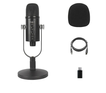 JIY BM-86PRO black condenser microphone with USB cable, sponge cover, and metal base for recording