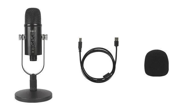 JIY BM-86PRO black condenser microphone with USB cable, sponge cover, and metal base for recording