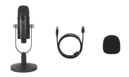 JIY BM-86PRO black condenser microphone with USB cable, sponge cover, and metal base for recording