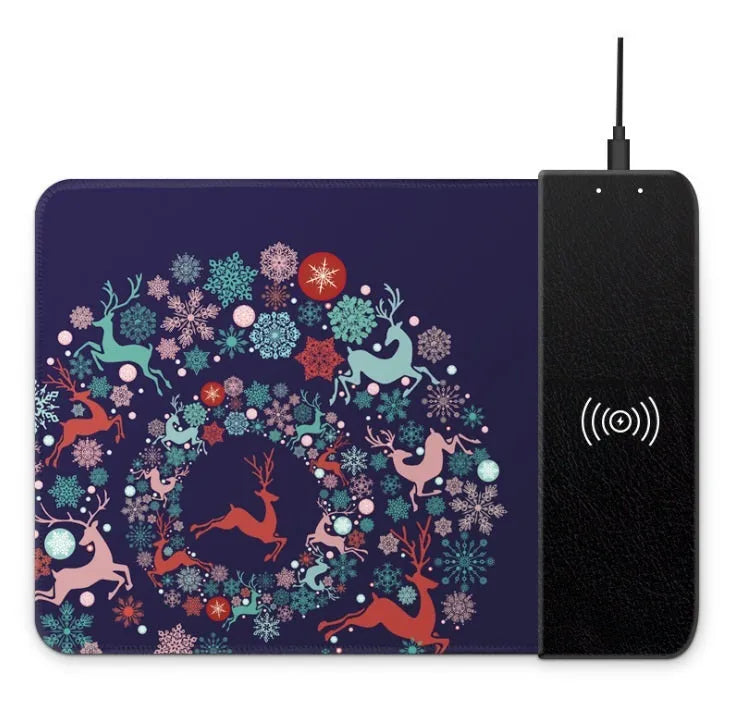 Wireless charging mouse pad showing 298x215mm surface with smartphone charging on integrated Qi pad