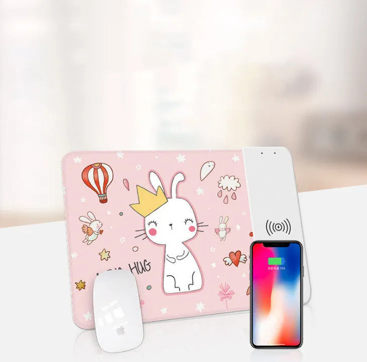 Wireless charging mouse pad showing 298x215mm surface with smartphone charging on integrated Qi pad