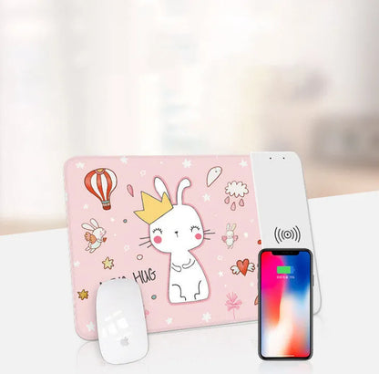 Wireless charging mouse pad showing 298x215mm surface with smartphone charging on integrated Qi pad
