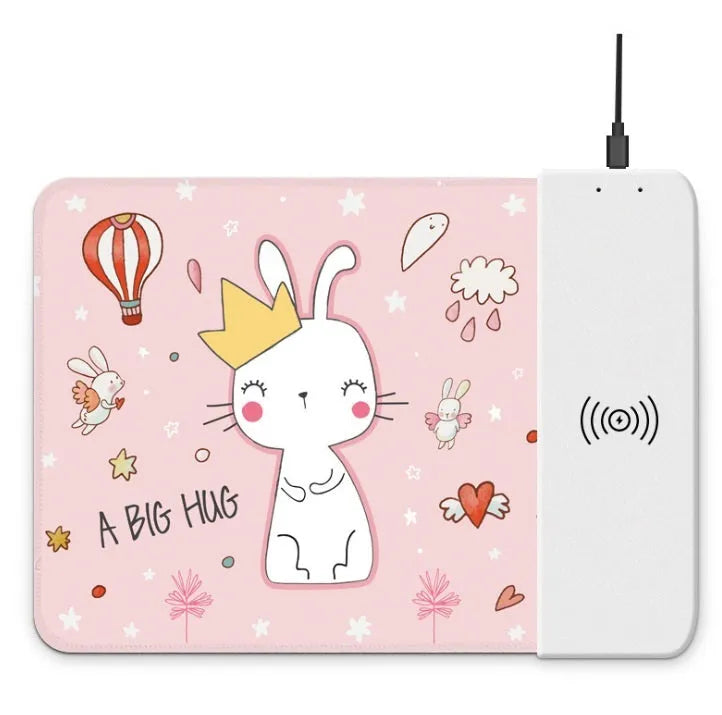 Wireless charging mouse pad showing 298x215mm surface with smartphone charging on integrated Qi pad