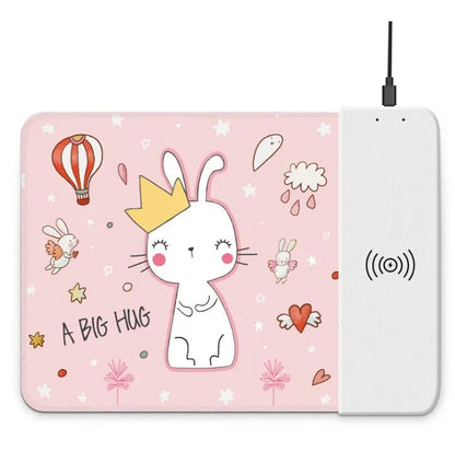 Wireless charging mouse pad showing 298x215mm surface with smartphone charging on integrated Qi pad
