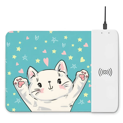 Wireless charging mouse pad showing 298x215mm surface with smartphone charging on integrated Qi pad