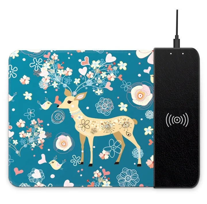 Wireless charging mouse pad showing 298x215mm surface with smartphone charging on integrated Qi pad
