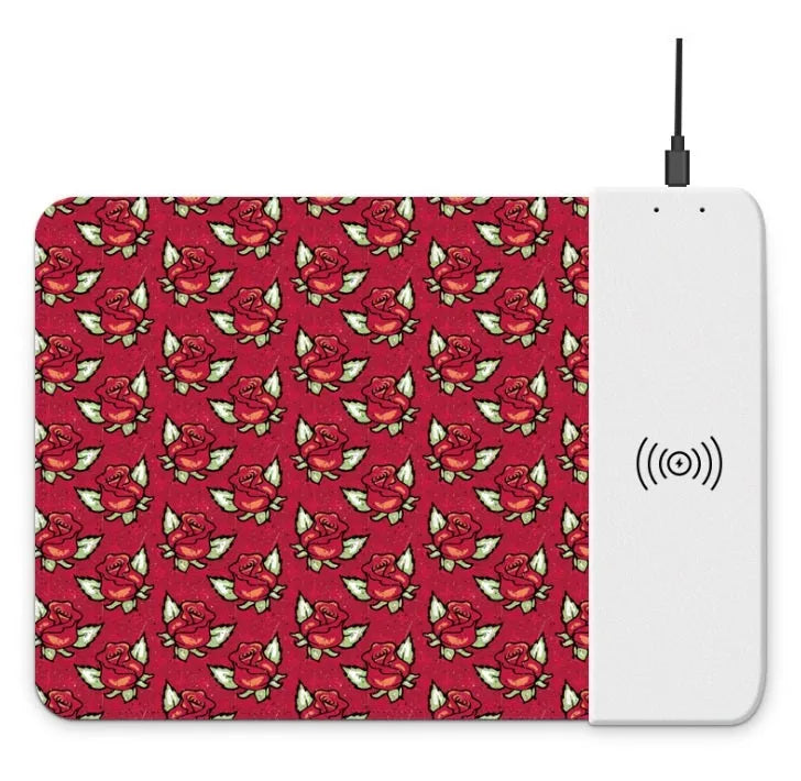 Wireless charging mouse pad showing 298x215mm surface with smartphone charging on integrated Qi pad