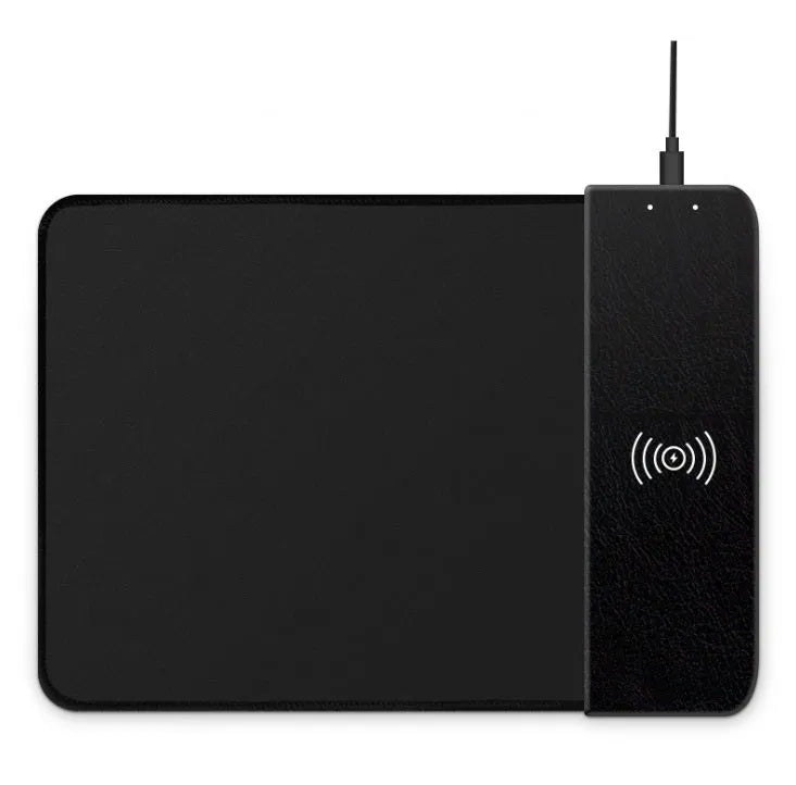 Wireless charging mouse pad showing 298x215mm surface with smartphone charging on integrated Qi pad