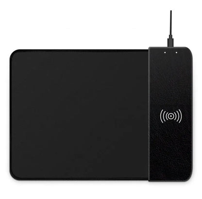 Wireless charging mouse pad showing 298x215mm surface with smartphone charging on integrated Qi pad
