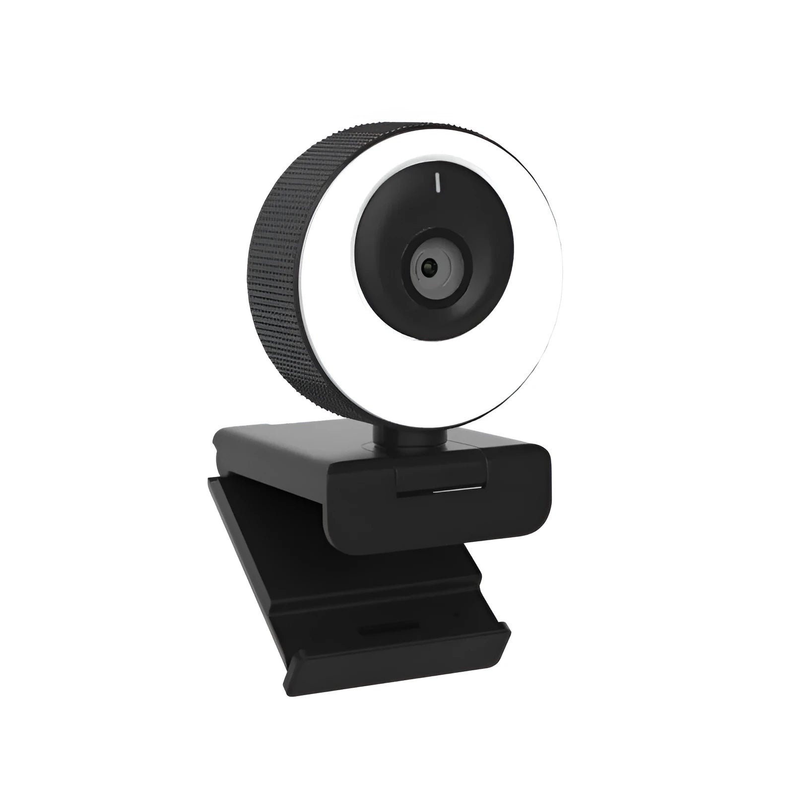 Black USB webcam with magnetic privacy cover on a laptop, showing 1080p resolution and built-in microphone.