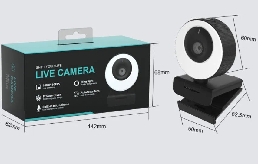 Black USB webcam with magnetic privacy cover on a laptop, showing 1080p resolution and built-in microphone.