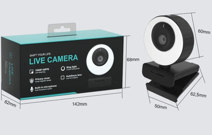 Black USB webcam with magnetic privacy cover on a laptop, showing 1080p resolution and built-in microphone.