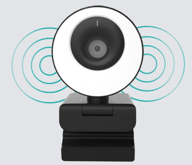 Black USB webcam with magnetic privacy cover on a laptop, showing 1080p resolution and built-in microphone.