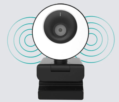 Black USB webcam with magnetic privacy cover on a laptop, showing 1080p resolution and built-in microphone.