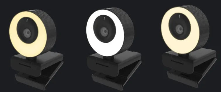 Black USB webcam with magnetic privacy cover on a laptop, showing 1080p resolution and built-in microphone.