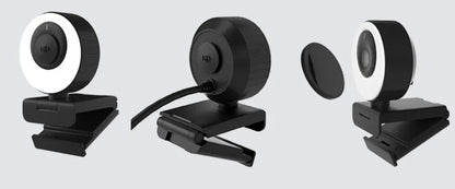 Black USB webcam with magnetic privacy cover on a laptop, showing 1080p resolution and built-in microphone.