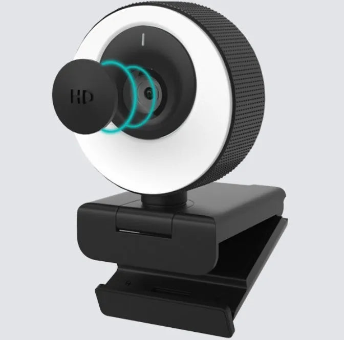 Black USB webcam with magnetic privacy cover on a laptop, showing 1080p resolution and built-in microphone.