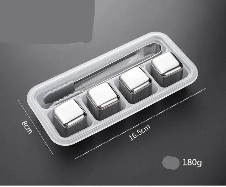 Stainless steel ice cubes in gold and silver finishes with tongs for chilling drinks without dilution