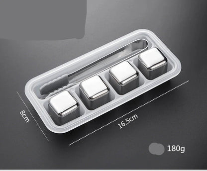Stainless steel ice cubes in gold and silver finishes with tongs for chilling drinks without dilution