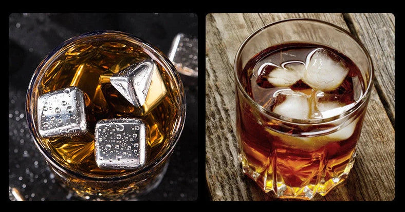 Stainless steel ice cubes in gold and silver finishes with tongs for chilling drinks without dilution