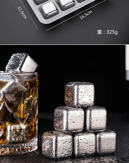 Stainless steel ice cubes in gold and silver finishes with tongs for chilling drinks without dilution