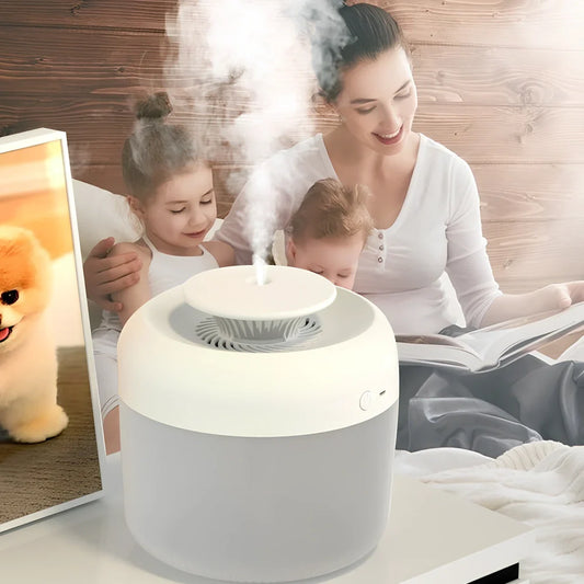 Round white ultrasonic humidifier with LED lights and water mist emitting from top