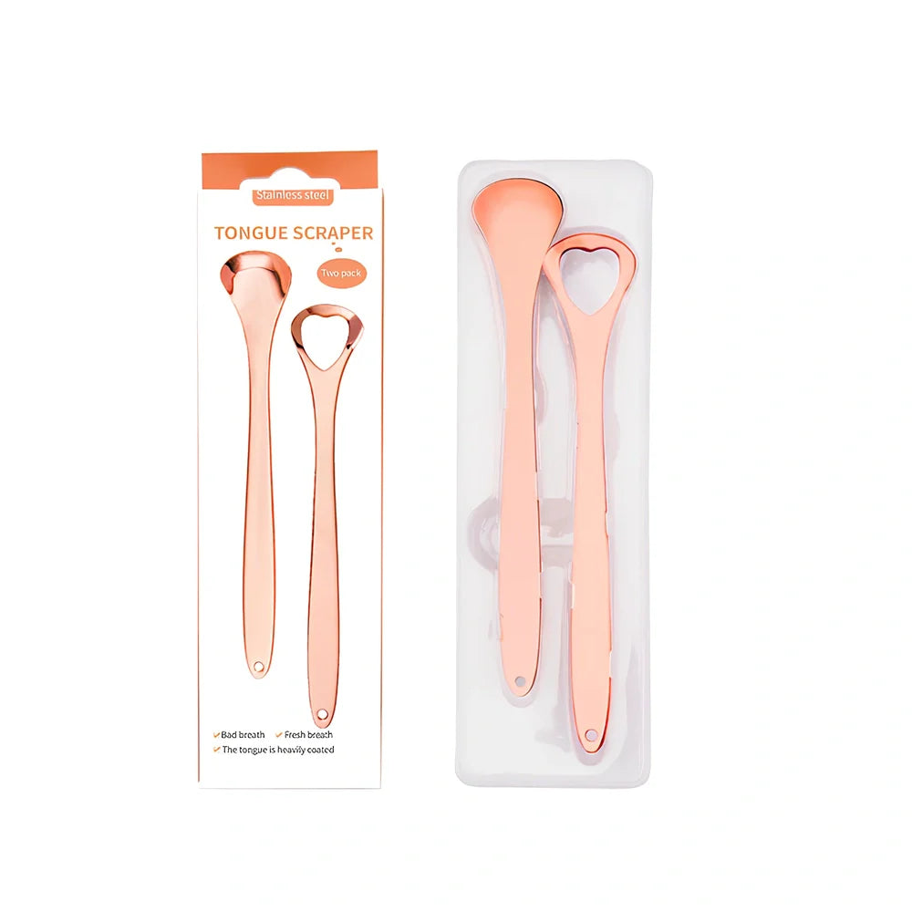 Stainless steel U-shaped tongue scraper measuring 19.5cm with rose gold finish