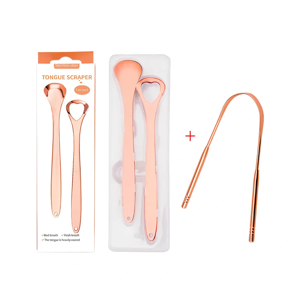 Stainless steel U-shaped tongue scraper measuring 19.5cm with rose gold finish