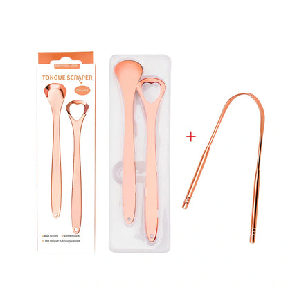 Stainless steel U-shaped tongue scraper measuring 19.5cm with rose gold finish