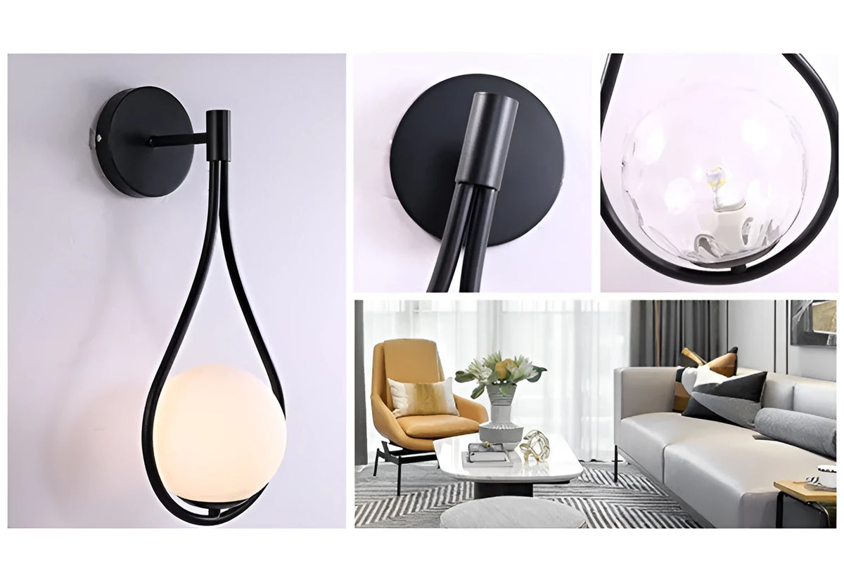 Nordic bedside wall lamp with glass shade, E27 holder, 110V, D150 x H450 mm, black or gold finish