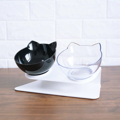 Transparent plastic double bowl for cats with separate food and water compartments