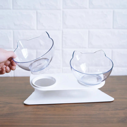 Transparent plastic double bowl for cats with separate food and water compartments