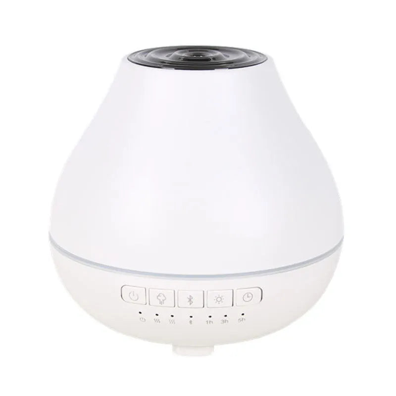White Bluetooth humidifier with aroma diffuser and night light functions, 18cm diameter