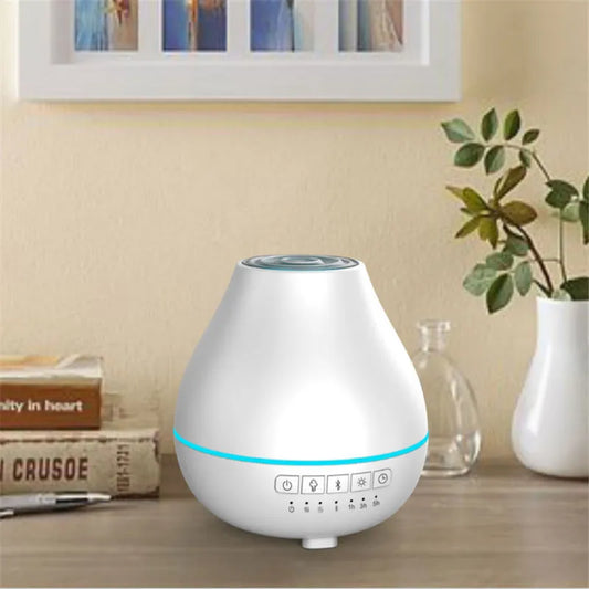 White Bluetooth humidifier with aroma diffuser and night light functions, 18cm diameter