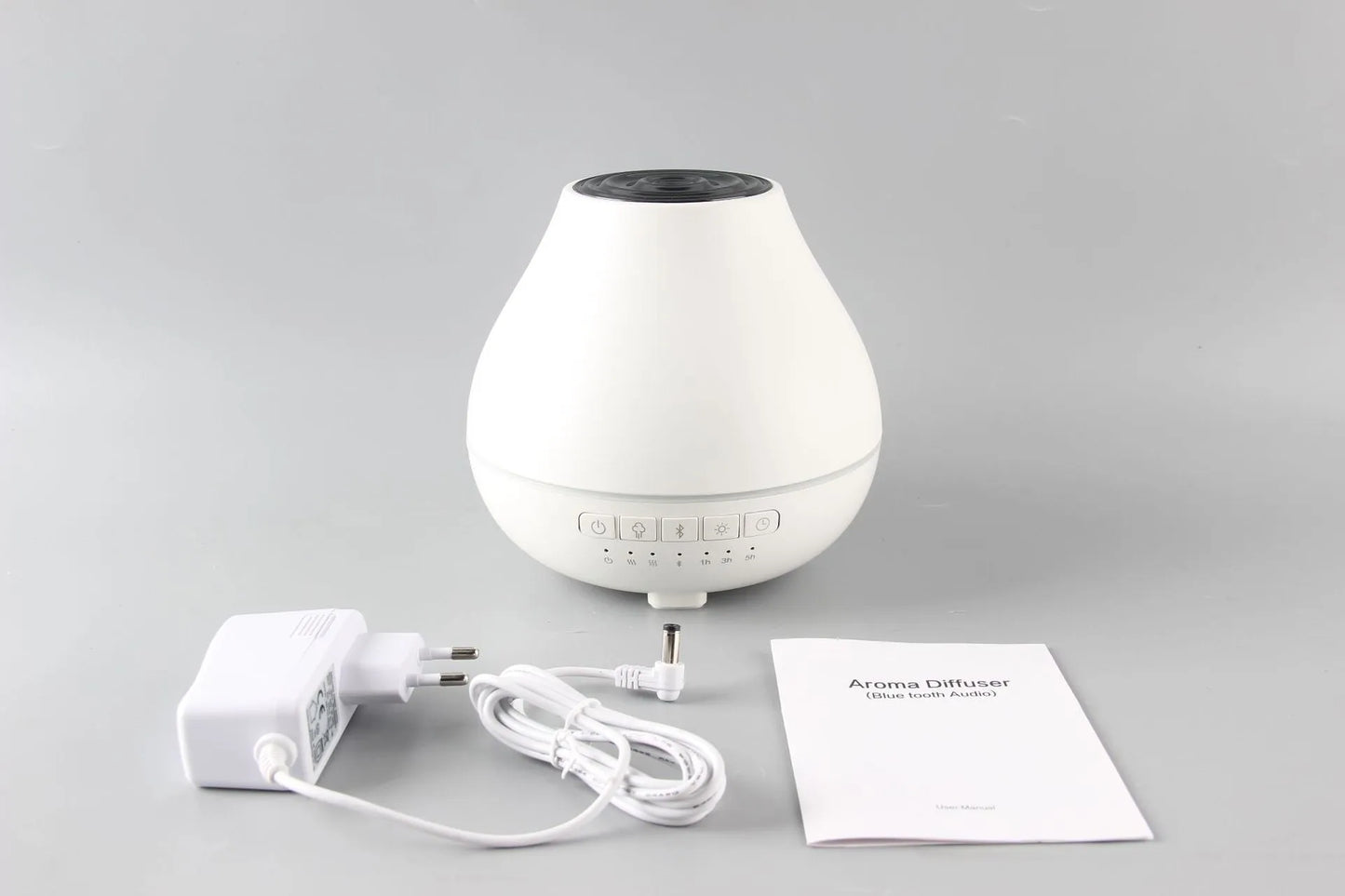 White Bluetooth humidifier with aroma diffuser and night light functions, 18cm diameter