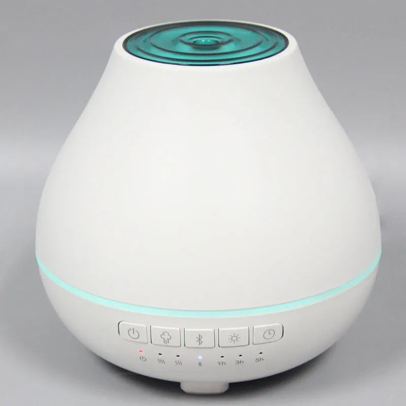 White Bluetooth humidifier with aroma diffuser and night light functions, 18cm diameter