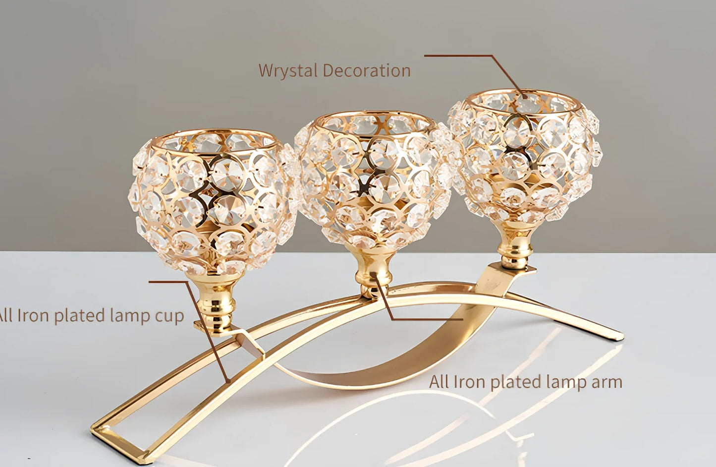 Geometric wrought iron candle holder with crystal centre in gold or silver electroplated finish