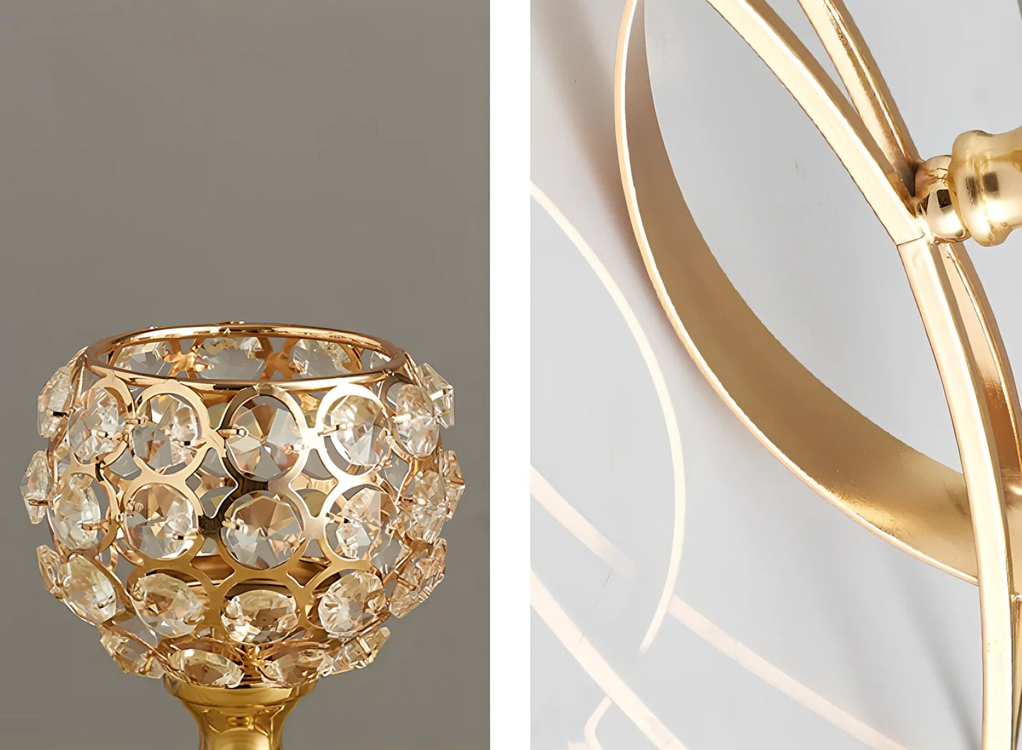 Geometric wrought iron candle holder with crystal centre in gold or silver electroplated finish