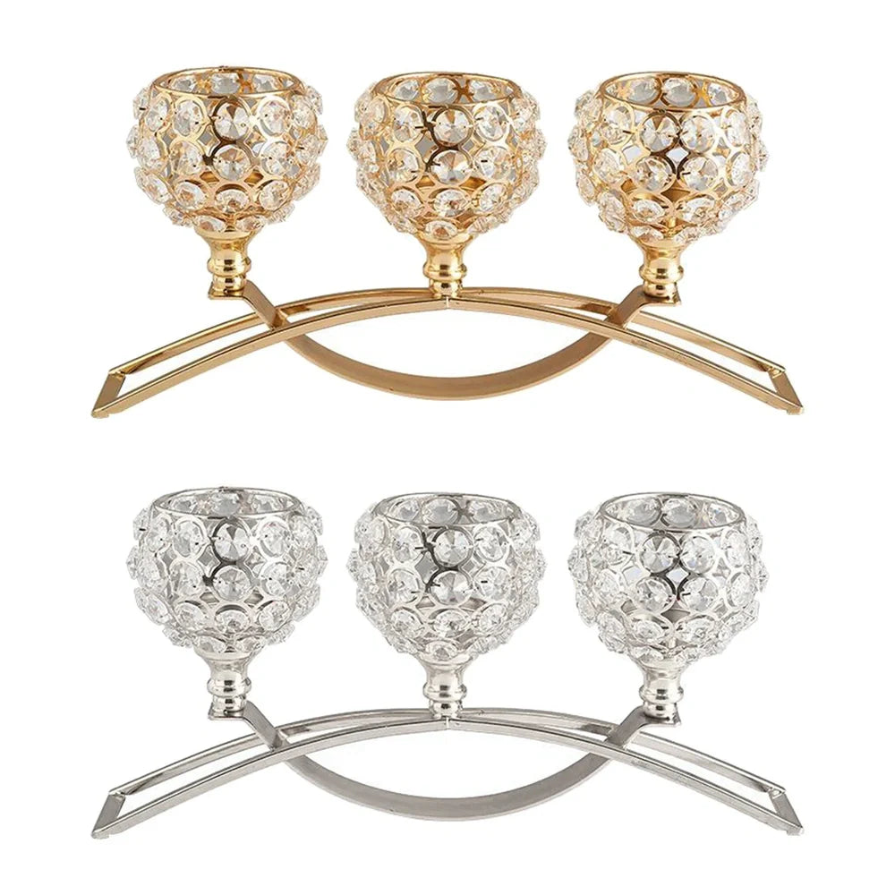 Geometric wrought iron candle holder with crystal centre in gold or silver electroplated finish