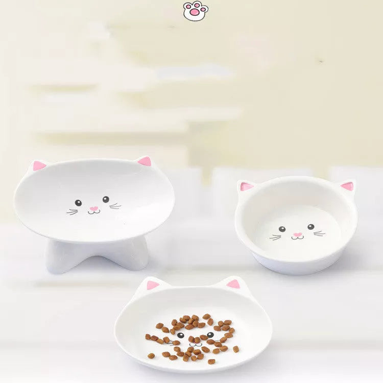 Ceramic pet food bowl with cat face design, easy to clean porcelain material