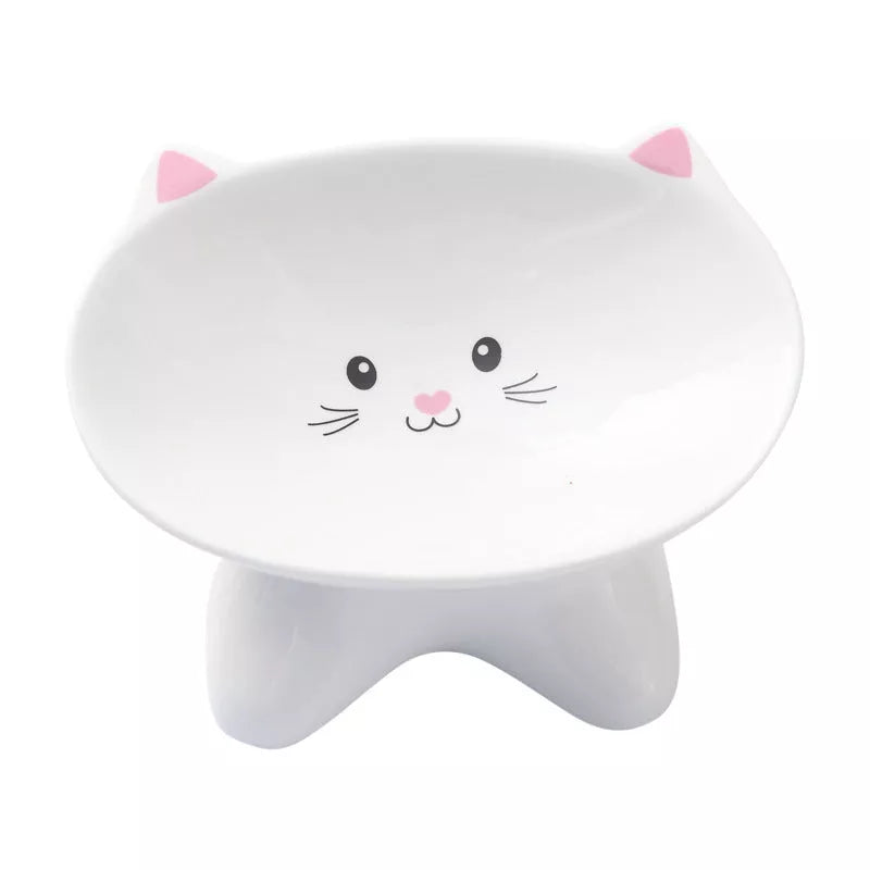Ceramic pet food bowl with cat face design, easy to clean porcelain material