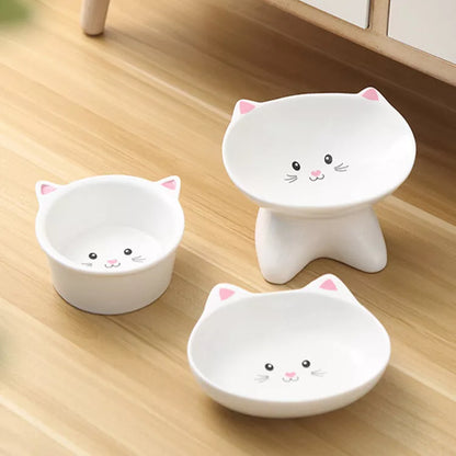 Ceramic pet food bowl with cat face design, easy to clean porcelain material
