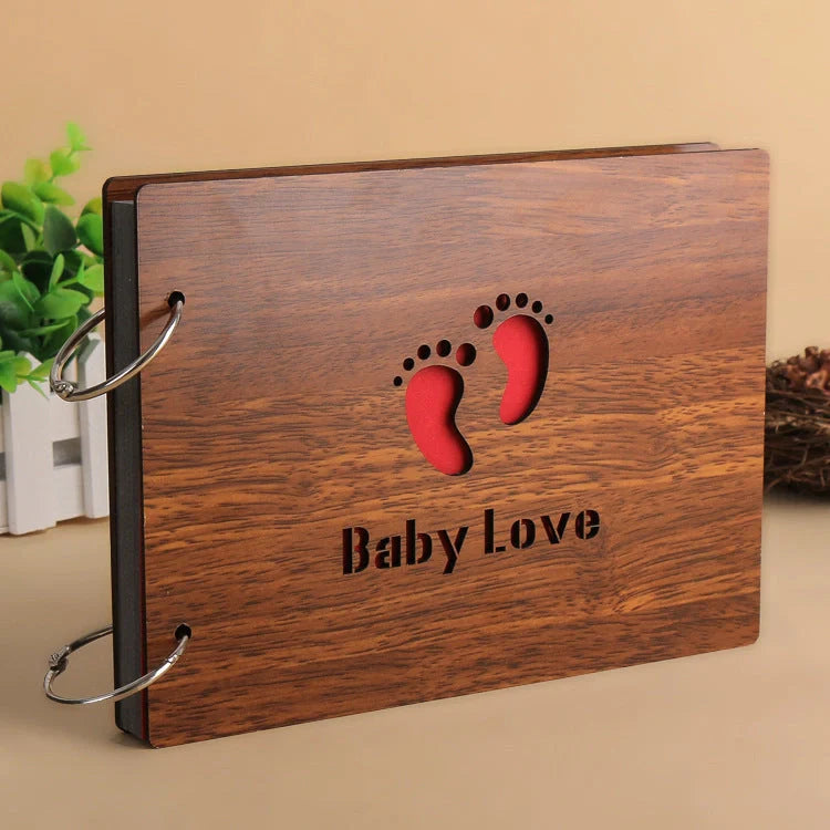 Handmade wooden photo album with customizable loose-leaf pages, 18 unique designs available