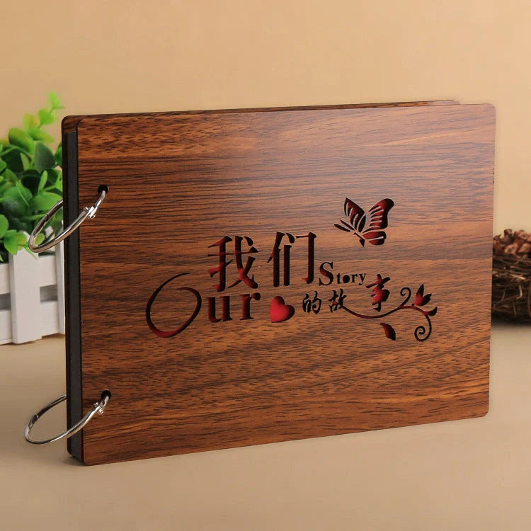 Handmade wooden photo album with customizable loose-leaf pages, 18 unique designs available