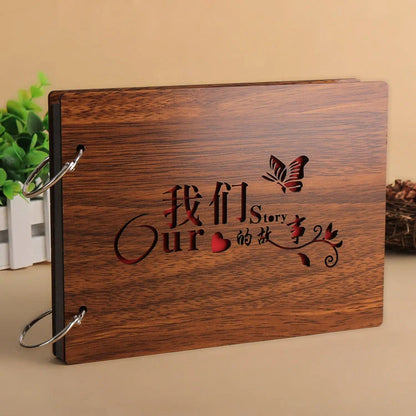 Handmade wooden photo album with customizable loose-leaf pages, 18 unique designs available