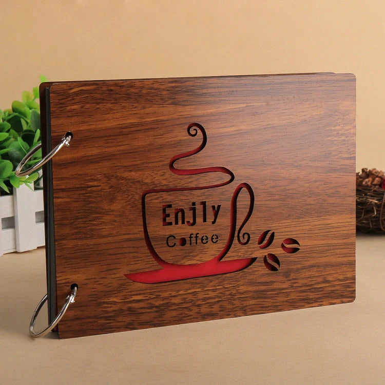 Handmade wooden photo album with customizable loose-leaf pages, 18 unique designs available