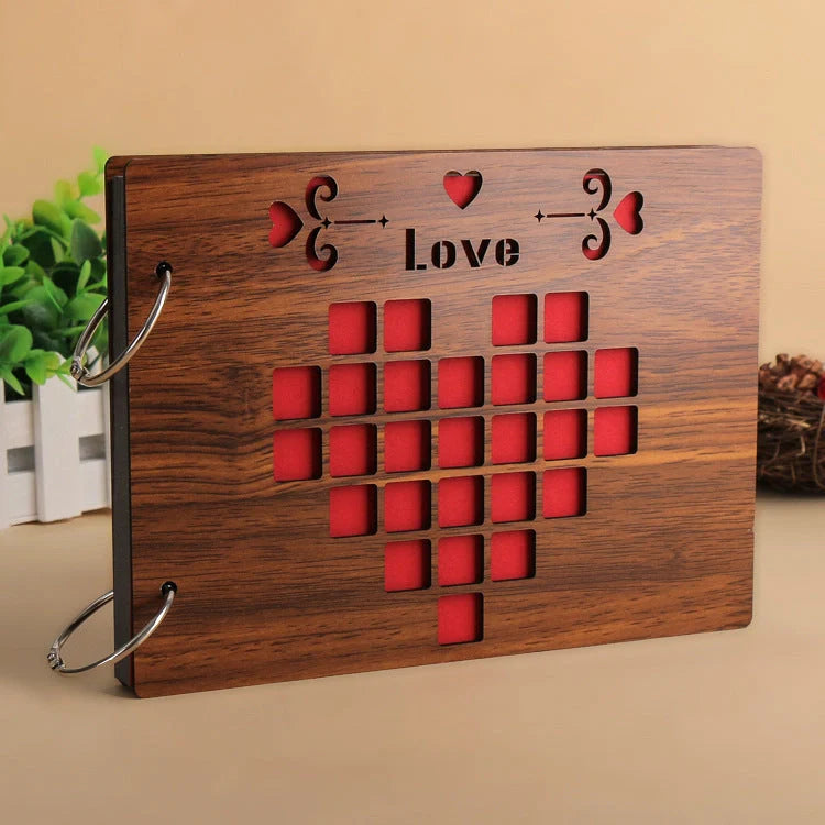 Handmade wooden photo album with customizable loose-leaf pages, 18 unique designs available
